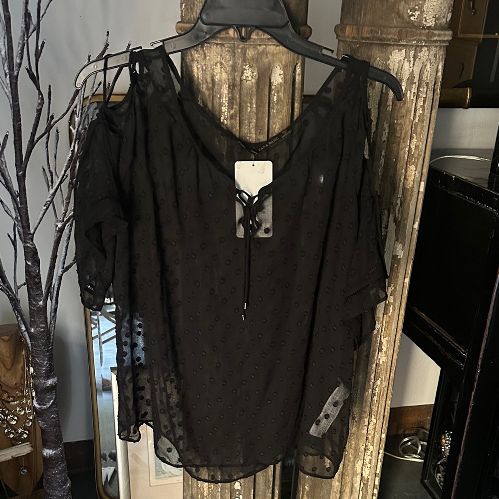 Zara Black Sheer Cold-Shoulder Dot Blouse